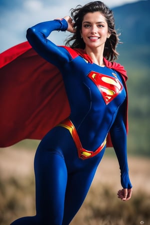 ASCII(cowboy shot), sfw, (masterpiece), (best quality:1.0), (ultra highres:1.0), detailed eyes 1girl, looking at viewer, dynamic pose, supermansuit, blue bodysuit, red cape, (battlefield, outdoors, gorgeous view), an epic superman from a multiverse flying at full speed towards the camera, smile
