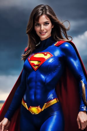 ASCII(cowboy shot), sfw, (masterpiece), (best quality:1.0), (ultra highres:1.0), detailed eyes 1girl, looking at viewer, dynamic pose, supermansuit, blue bodysuit, red cape, (battlefield, outdoors, gorgeous view), an epic superman from a multiverse flying at full speed towards the camera, smile
