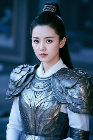 cfairy,
This is a high-resolution photograph of a young East Asian woman in traditional Chinese armor, likely from a historical period. The image captures her from the waist up, showing her face and upper body. She has a fair complexion with smooth skin, and her dark hair is styled in a high ponytail, cascading down her back. Her expression is calm and composed, with her lips slightly parted and her eyes looking directly at the camera.

She is adorned in an intricately detailed, silver-plated armor that covers her shoulders and chest. The armor is adorned with ornate, overlapping scales and patterns, giving it a highly textured and reflective appearance. The armor is fastened with a belt at her waist, and the sleeves of her white, high-collared tunic are visible underneath, suggesting a mix of traditional and modern attire.

The background is blurred, focusing attention on the subject. The lighting is soft and diffused, casting a cool, blueish hue over the scene, enhancing the metallic sheen of the armor. The overall mood is serene and regal, emphasizing the historical and cultural significance of the attire. bingYan.