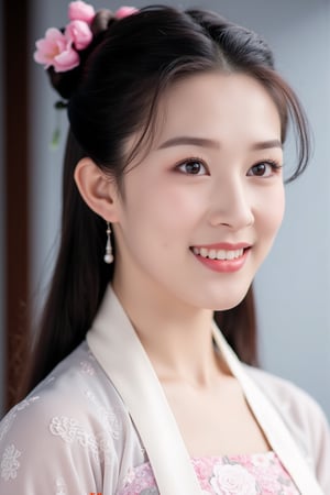 This is a high-resolution photograph of a young East Asian woman with fair skin and a delicate, symmetrical face. She has long, straight black hair that is styled with a traditional updo, adorned with a pink floral hairpin. Her facial features are finely detailed, with arched eyebrows, almond-shaped brown eyes, and a slight, natural smile. Her lips are slightly parted, revealing a hint of her teeth, and she wears a light pink lipstick. She is dressed in traditional Chinese attire, featuring a light, pastel-colored robe with intricate white floral embroidery. The robe has a high collar and is slightly open, revealing a hint of her neck. She wears a pair of delicate, pearl earrings that dangle elegantly. The background is blurred but suggests an indoor setting with soft, diffused light, possibly from a window or a studio environment. The overall mood of the photograph is serene and elegant, emphasizing traditional East Asian aesthetics. The image is signed in red Chinese characters at the bottom right corner, adding a touch of authenticity and personalization to the composition. yifei.