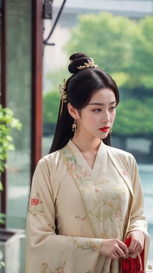 tienhiep, hanfu,
fairy hanfu, 1girl, solo, long hair, black hair, hair ornament, dress, holding, jewelry, upper body, earrings, outdoors, hair bun, white dress, blurry, blurry background, chinese clothes, realistic, chinese text, red lips, hanfu, tienhiep