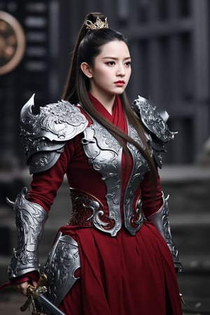 cfairy,
The image is a high-resolution, digitally enhanced photograph of a young woman dressed in elaborate medieval armor. She stands in a defensive stance, holding a sword in her right hand, which is partially visible at the bottom of the frame. Her armor is intricately designed with ornate, detailed patterns, featuring dragon motifs and intricate scrollwork. The armor is predominantly silver with a deep red undertone, and it covers her chest and shoulders, with additional pieces on her arms and legs. Her attire consists of a red, flowing robe that contrasts sharply with the metallic armor.

Her long, dark hair is pulled back into a high ponytail adorned with a golden, ornate hairpin. Her facial features are sharply defined, with a focused, determined expression. The background is blurred but suggests a historical setting, possibly a castle or an ancient battlefield, with blurred wooden structures and what appears to be a large, circular shield on the left side. The overall color palette is dominated by the deep reds and silvers of her armor, with muted grays and blacks in the background, enhancing the dramatic effect of the image. The lighting is soft and diffused, creating a slightly ethereal mood. liqin.