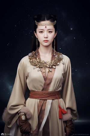 cfairy,
This is a high-resolution photograph featuring a young East Asian woman standing against a dark, starry night sky, suggesting an outdoor setting. She has a fair complexion and long, straight black hair that is parted in the middle and falls down her back. Her hair is adorned with a delicate, golden headband with a small, red gemstone at the center.

She is dressed in traditional East Asian attire, specifically a long-sleeved, light beige silk robe with intricate embroidery and a high collar. The robe is cinched at the waist with a wide, ornate red sash. Over this, she wears a lavish gold and silver chest piece adorned with circular and geometric designs, which is tied at the back with a red cord. Her attire is completed with brown, fur-lined boots that extend up to her knees, adding a touch of ruggedness to the otherwise elegant ensemble.

The background is a deep, star-filled sky, with soft, diffuse lighting that highlights the woman's face and attire. The overall mood is serene and ethereal, with a focus on the woman's cultural attire and her connection to nature. xiaofeng.