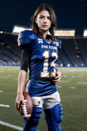 a woman playing american football, (wearing football_uniform:1.3), blue uniform, good hand,4k, high-res, masterpiece, best quality, head:1.3,((Hasselblad photography)), finely detailed skin, sharp focus, (cinematic lighting), night, soft lighting, dynamic angle, [:(detailed face:1.2):0.2],(((inside_stadium))),