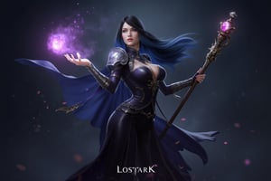 This is a highly detailed digital artwork depicting a fantasy character in a mystical, ethereal setting. The central figure is a female wizard with long, flowing black hair that transitions to a vibrant blue near the ends. She is dressed in a dark, form-fitting outfit adorned with intricate metallic designs and straps, giving her a priestess appearance. Her armor includes large, ornate shoulder pads and a high-collared cape that flutters behind her, hinting at movement. 

Her right hand is extended forward, creating a magical spark that emits a series of glowing, star-like particles. Her left hand holds a long, ornate staff topped with a glowing, pink crystal. The staff's texture is rough, with a wooden base and intricate metalwork. The character's expression is focused and serious, with a hint of determination.

The background is a gradient of dark blues and purples, with subtle star-like particles floating around her, enhancing the mystical atmosphere. The overall style is highly realistic, with attention to minute details in the character's armor and the magical effects. The image is titled "Lostark" at the top, suggesting it might be promotional art for a game or series.