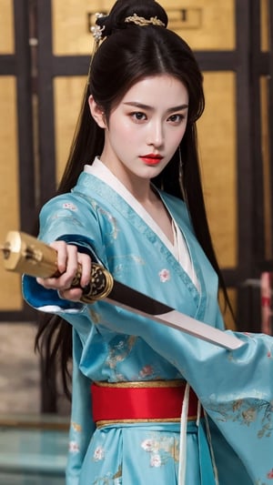 tienhiep, hanfu,
fairy hanfu, 1girl, solo, long hair, looking at viewer, black hair, hair ornament, long sleeves, holding, brown eyes, upper body, weapon, japanese clothes, sword, wide sleeves, hair bun, holding weapon, lips, holding sword, chinese clothes, sheath, robe, realistic, red lips, unsheathing, hanfu, tienhiep