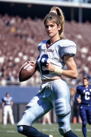 (full body shot:1.2), bokeh:1.2, outdoors, in stadium, dynamic angle, blonde hair, , cheering audiences, running, 1 girl,fit, solo,playing american football, (wearing football_uniform:1.3), thick thigh, (((high ponytail))), (((holding football))), big_breasts:1.2, muscle, floating_hair, long hair, tiny_waist, realistic_detailed_skin_texture, long legs, good hands, pefect feet, , (8k, RAW photo, best quality, masterpiece:1.2), (realistic, photo-realistic:1.37), ultra high res, photon mapping, radiosity, ((Hasselblad photography)),physically-based rendering, professional soft lighting, light on face,,, ,