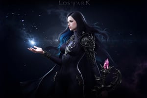 This is a highly detailed digital artwork depicting a fantasy character in a mystical, ethereal setting. The central figure is a female warrior with long, flowing black hair that transitions to a vibrant blue near the ends. She is dressed in a dark, form-fitting outfit adorned with intricate metallic designs and straps, giving her a warrior-priestess appearance. Her armor includes large, ornate shoulder pads and a high-collared cape that flutters behind her, hinting at movement. 

Her right hand is extended forward, creating a magical spark that emits a series of glowing, star-like particles. Her left hand holds a long, ornate staff topped with a glowing, pink crystal. The staff's texture is rough, with a wooden base and intricate metalwork. The character's expression is focused and serious, with a hint of determination.

The background is a gradient of dark blues and purples, with subtle star-like particles floating around her, enhancing the mystical atmosphere. The overall style is highly realistic, with attention to minute details in the character's armor and the magical effects. The image is titled "Lostark" at the top, suggesting it might be promotional art for a game or series.