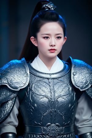 cfairy,
This is a high-resolution photograph of a young East Asian woman in traditional Chinese armor, likely from a historical period. The image captures her from the waist up, showing her face and upper body. She has a fair complexion with smooth skin, and her dark hair is styled in a high ponytail, cascading down her back. Her expression is calm and composed, with her lips slightly parted and her eyes looking directly at the camera.

She is adorned in an intricately detailed, silver-plated armor that covers her shoulders and chest. The armor is adorned with ornate, overlapping scales and patterns, giving it a highly textured and reflective appearance. The armor is fastened with a belt at her waist, and the sleeves of her white, high-collared tunic are visible underneath, suggesting a mix of traditional and modern attire.

The background is blurred, focusing attention on the subject. The lighting is soft and diffused, casting a cool, blueish hue over the scene, enhancing the metallic sheen of the armor. The overall mood is serene and regal, emphasizing the historical and cultural significance of the attire. bingYan.