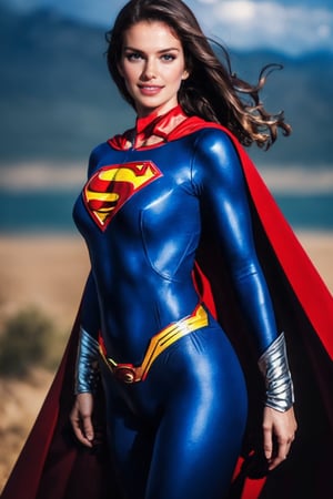 ASCII(cowboy shot), sfw, (masterpiece), (best quality:1.0), (ultra highres:1.0), detailed eyes 1girl, looking at viewer, dynamic pose, supermansuit, blue bodysuit, red cape, (battlefield, outdoors, gorgeous view), an epic superman from a multiverse flying at full speed towards the camera, smile
