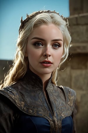(Daenergs Tagaryen),Knight, Armour, silver, gothic, Arthurian, camelot, dnd character portrait, high fantasy, castle background, kings landing, dragon princess of the seven kingdom, realistic,Game of Thrones,dragonborn, honor,dragon fire, (high detailed skin:1.1), lord of the rings (but careful with the word "lord"),