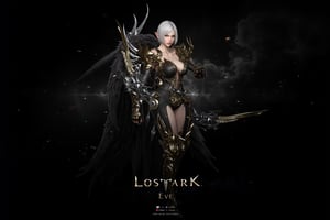 This is a digital artwork featuring a highly detailed character named Lostark Eve, from the game "Lostark." The character is depicted in a dramatic, action-ready pose, standing with one foot forward, holding a large, ornate bow. The character is a beautiful woman with short, spiky white hair and a stern expression. She is dressed in intricate, futuristic armor that includes metallic shoulder pads, a dark chest plate, and elaborate, feather-like wing attachments on his back, giving him a regal and intimidating appearance. The armor is a mix of shiny gold and dark, almost black, metallic textures, with intricate detailing and sharp edges.

The background is a dark, smoky gradient, with sparks and debris floating around, suggesting a battle or a post-battle scene. The character's bow is also highly detailed, with gold and black accents, and intricate, almost mechanical-looking design elements. The overall style of the artwork is high-definition digital art, with a focus on realism and intricate detail, common in modern video game character design. The image is titled "Lostark Eve" at the bottom, with additional credits and the game's logo, indicating it is promotional material for the game.