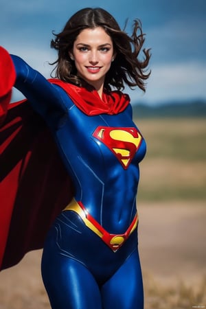 ASCII(cowboy shot), sfw, (masterpiece), (best quality:1.0), (ultra highres:1.0), detailed eyes 1girl, looking at viewer, dynamic pose, supermansuit, blue bodysuit, red cape, (battlefield, outdoors, gorgeous view), an epic superman from a multiverse flying at full speed towards the camera, smile
