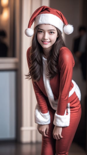 wallpaper character,
1girl, solo, (full body), santa suit, christmas_hat, smile, 1girl, solo, telephoto lens, exquisite facial features, perfect face, glowing skin, long hair,