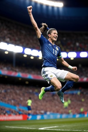 playing soccer, soccer uniform, World Cup, football pitch, crowded stadium, ponytail, focused, athletic, looking at viewer, stadium lights, USWMT, excited, leaping, goal, pumping fist, victory, elated, (masterpiece, high quality, extremely detailed, absurdres:1.2)