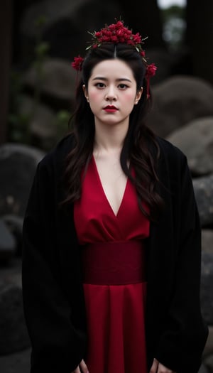 The image is a portrait of a young woman dressed in traditional Chinese clothing. She is wearing a red and black dress with a black shawl draped over her shoulders. The dress has a deep V-neckline and is cinched at the waist with a red belt. The woman has long dark hair styled in loose waves and is adorned with a headpiece made of red flowers and leaves. She has a serious expression on her face and is looking directly at the camera. The background is blurred, but it appears to be an outdoor setting with trees and rocks. The overall mood of the image is dark and dramatic., cfairy