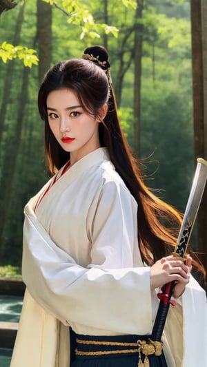 tienhiep, hanfu,
fairy hanfu, 1girl, solo, long hair, looking at viewer, black hair, hair ornament, long sleeves, holding, brown eyes, upper body, weapon, japanese clothes, sword, wide sleeves, hair bun, holding weapon, lips, holding sword, chinese clothes, sheath, robe, realistic, red lips, unsheathing, hanfu, tienhiep