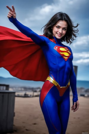 ASCII(cowboy shot), sfw, (masterpiece), (best quality:1.0), (ultra highres:1.0), detailed eyes 1girl, looking at viewer, dynamic pose, supermansuit, blue bodysuit, red cape, (battlefield, outdoors, gorgeous view), an epic superman from a multiverse flying at full speed towards the camera, smile
