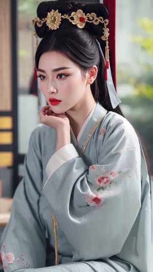 tienhiep, hanfu,
fairy hanfu, 1girl, solo, long hair, long sleeves, sitting, upper body, braid, white hair, parted lips, artist name, indoors, blurry, lips, grey eyes, makeup, blurry background, chinese clothes, thick eyebrows, realistic, nose, chinese text, red lips, tienhiep