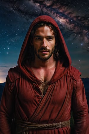 Keanu stands solitary against a star-tinged night sky, his dark red attire and monk's hood casting an air of mystique. The dimly lit setting accentuates the celestial backdrop, as if he's a guardian of the cosmos. His face, shrouded in mystery, receives only the faint glow of nearby stars, while the billowing fabric of his hood appears like a shadowy aura.,Cinematic 