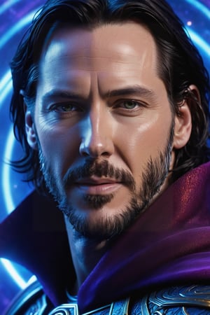 Close-up shot of Keanu Reeves' face, eyes gleaming with mystical intensity, as he dons the Sorcerer Supreme's iconic cloak and gaze pierces through a swirling vortex of blue and purple Unreal Engine 5 particles. Soft, golden lighting bathes his features, emphasizing the weight of ancient knowledge. The composition focuses on his stoic expression, while subtle hints of magical energy swirl around him.