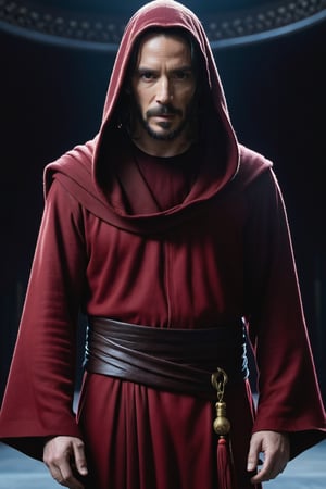 Keanu wears a dark red outfit with a monk's hood, dark space, highlighting the character, mysterious colors,