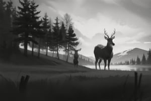 monochrome, greyscale, no humans, animal, grass, antlers, deer, Best quality, high-res photo,An elk standing in the middle of the steppe, black and white photo, minimalist painting
