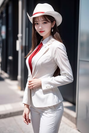 1 girl, very bright backlighting, solo, {beautiful and detailed eyes}, large breasts,calm expression, natural and soft light,delicate facial features, Blunt bangs, beautiful korean girl, eye smile, very small earrings,(wearing a white work suit, a white tie, and a red Yshirt and a white fedora hat:1.3),(long hair:1.3),drawn action:(The girl must be standing in a model pose:1.3),23yo, film grain, realhands,shy smile,(cowboy shot:1.3)