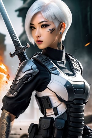 a fierce soldier asian woman, gorgeous face short white hair. tattoos on arms, with sword.  ready for battle   high resolution, high quality, ,photo r3al,cyborg style