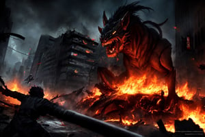beasts attacking destroyed city high_resolution high quality. darkness,fire