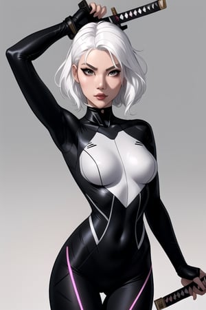 a white hair asian girl pretty face, fit cyber black suit, katana on her back