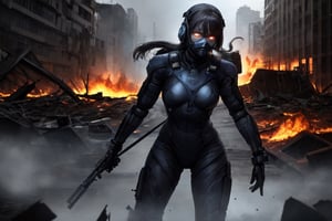 a soldier woman in black cyber suit ready for war in  destroyed city high_resolution high quality. darkness,fire