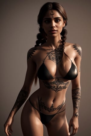 The graceful movements of an Indian woman with long, braided hair and a body adorned with traditional tattoos, captured in a stunning, high-definition render.,h4n3n