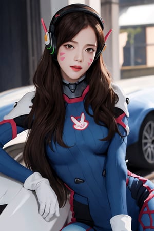 (hip up body, looking at viewer, center opening,) 1girl, sagging breasts, long hair, brown hair, headphones, whisker markings, shoulder pads, blue bodysuit, ribbed bodysuit, animal print, clothes writing, long sleeves, white gloves, 
detailed clothing, 
digital painting, official art, unity 8k wallpaper, ultra detailed, masterpiece, best quality, hyperrealistic,  (fractal art:1.3), 
ancient background, zentangle, mandala, tangle, entangle,aahana,chimai,htt,jisoo