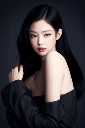  1girl, looking at viewer, styled clothes, high quality, highres, 8k, accurate color reproduction, dark simple background, best quality, photo by Canon 5d, 50mm ZEISS lens, sharp focus, natural lighting, profesional and intricate lighting, wide angle, jennie