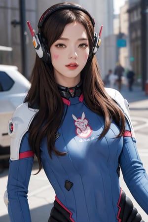 (hip up body, looking at viewer, center opening,) 1girl, sagging breasts, long hair, brown hair, headphones, whisker markings, shoulder pads, blue bodysuit, ribbed bodysuit, animal print, clothes writing, long sleeves, white gloves, 
detailed clothing, 
digital painting, official art, unity 8k wallpaper, ultra detailed, masterpiece, best quality, hyperrealistic,  (fractal art:1.3), 
ancient background, zentangle, mandala, tangle, entangle,aahana,chimai,htt,jisoo