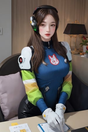 (hip up body, looking at viewer, center opening,) 1girl, sagging breasts, long hair, brown hair, headphones, whisker markings, shoulder pads, blue bodysuit, ribbed bodysuit, animal print, clothes writing, long sleeves, white gloves, 
detailed clothing, 
digital painting, official art, unity 8k wallpaper, ultra detailed, masterpiece, best quality, hyperrealistic,  (fractal art:1.3), 
ancient background, zentangle, mandala, tangle, entangle,aahana,chimai,htt