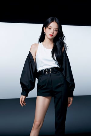 thigh up body, looking at viewer, styled clothes, high quality, highres, 8k, accurate color reproduction, dark simple background, best quality, photo by Canon 5d, 50mm ZEISS lens, sharp focus, natural lighting, profesional and intricate lighting, wide angle, jennie,jennie,jisoo