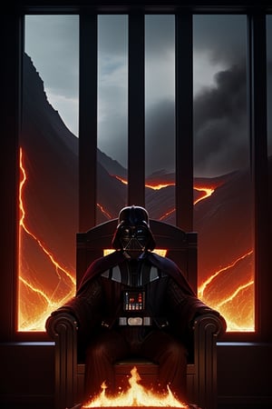 Darth Vader sitting on Big throne Room in Mustafar with a small long Window from left to right behind the Throne you can see Lava through the Window