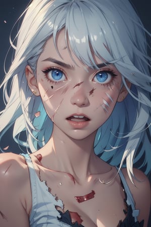 cute angry woman, shouting, complaining

(Style Midjourney), (Best illustrative quality 8k), (better details), (beautiful expressive eyes), (white skin like paper), (long ((white)) hair with bangs:0.8), (blue) eyes,

eyes_details, face_details, backgroung_details, midjourney, hands_detailed,

scars, bloody injuries, wearing only underwear, clothes are torn and destroyed, bruises, (many bloody scars on her body and face)

(close up portrait), skinny, slim body, flat chest