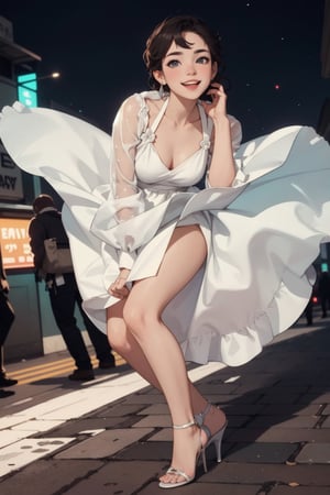 cute woman holding down her white flowing dress that is blowing up from the wind, smiling, high heels, photograph, high resolution, high quality, masterpiece, dark background, dark at night, perfect beautiful face, detailed face, detailed eyes, small breasts, in city street, sparkly earrings