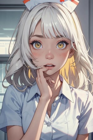 cute nurse in a hospital, nurse uniform

(Style Midjourney), (Best illustrative quality 8k), (better details), (beautiful expressive eyes), (white skin like paper), (long ((white)) hair with bangs:0.8), (yellow) eyes,

eyes_details, face_details, backgroung_details, midjourney, hands_detailed,

(portrait), she is blushing, shy, (very nervous), skinny, slim body, (surprised)