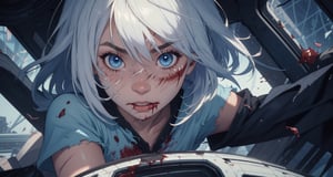 cute woman on a spaceship

(Style Midjourney), (Best illustrative quality 8k), (better details), (beautiful expressive eyes), (white skin like paper), (long ((white)) hair with bangs:0.8), (blue) eyes,

eyes_details, face_details, backgroung_details, midjourney, hands_detailed,

scars, bloody injuries, wearing only underwear, clothes are torn and destroyed, bruises, (many bloody scars on her body and face), clothes are torn and ripped apart, tshirt is torn, blood, injuries

(half body), dynamic pose, she is blushing, shy, very nervous, skinny, slim body, flat chest, surprised, (1girl)