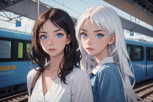 (2 sisters), european train station, casual street clothes, travellers,

blurry background, depth of field,

(Style Midjourney), (Best illustrative quality 8k), (better details), 

(beautiful expressive eyes), (white skin like paper), dark hair, white hair, long hair, blue eyes, brown eyes, 

eyes_details, face_details, backgroung_details, midjourney, hands_detailed,

blue sky,

skeptical facial expression, skinny, slim body, flat chest, full body portrait