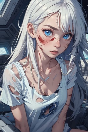 cute woman on a spaceship

(Style Midjourney), (Best illustrative quality 8k), (better details), (beautiful expressive eyes), (white skin like paper), (long ((white)) hair with bangs:0.8), (blue) eyes,

eyes_details, face_details, backgroung_details, midjourney, hands_detailed,

scars, bloody injuries, wearing only underwear, clothes are torn and destroyed, bruises, (girl in underwear in a spaceship wearing a white tshirt), (many bloody scars on her body and face), clothes are torn and ripped apart, panties are torn, tshirt is torn, blood, injuries,

close up portrait, she is blushing, shy, very nervous, skinny, slim body, flat chest, surprised,