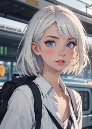 2 sisters at a european train station, casual street clothes, trolley suitecases, backpackers, backpacking in europe, travellers,

close up portrait, blurry background, depth of field,

(Style Midjourney), (Best illustrative quality 8k), (better details), 

(beautiful expressive eyes), (white skin like paper), dark hair, white hair, short hair and long hair,

eyes_details, face_details, backgroung_details, midjourney, hands_detailed,

they are blushing, shy, skinny, slim body, flat chest