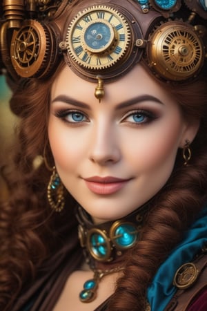 A photo  steampunknoireai extreme face close-up of a statuesque woman with a shy smile wearing  cinematic, ultra highly detailed, tiny details, beautiful details, mystical, luminism, vibrant colors, complex background