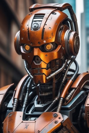 Photo of an android dystopian surrealistic robot portrait with intricate rust details apocalyptic setting professional coloring