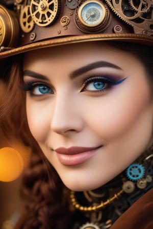 A photo  steampunknoireai extreme face close-up of a statuesque woman with a shy smile wearing  cinematic, ultra highly detailed, tiny details, beautiful details, mystical, luminism, vibrant colors, complex background