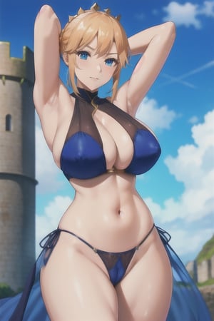 see through clothes Artoria pendragon with a  high quality castle of camelot massive big boobs in public  armpits bulge out stomach gthong  blue eyes  thighs dark shadows mature face 